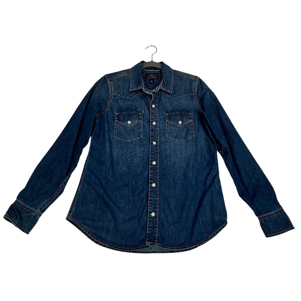 Lucky Brand Western Denim Shirt Medium Wash Blue Pearl Snap Women's Small